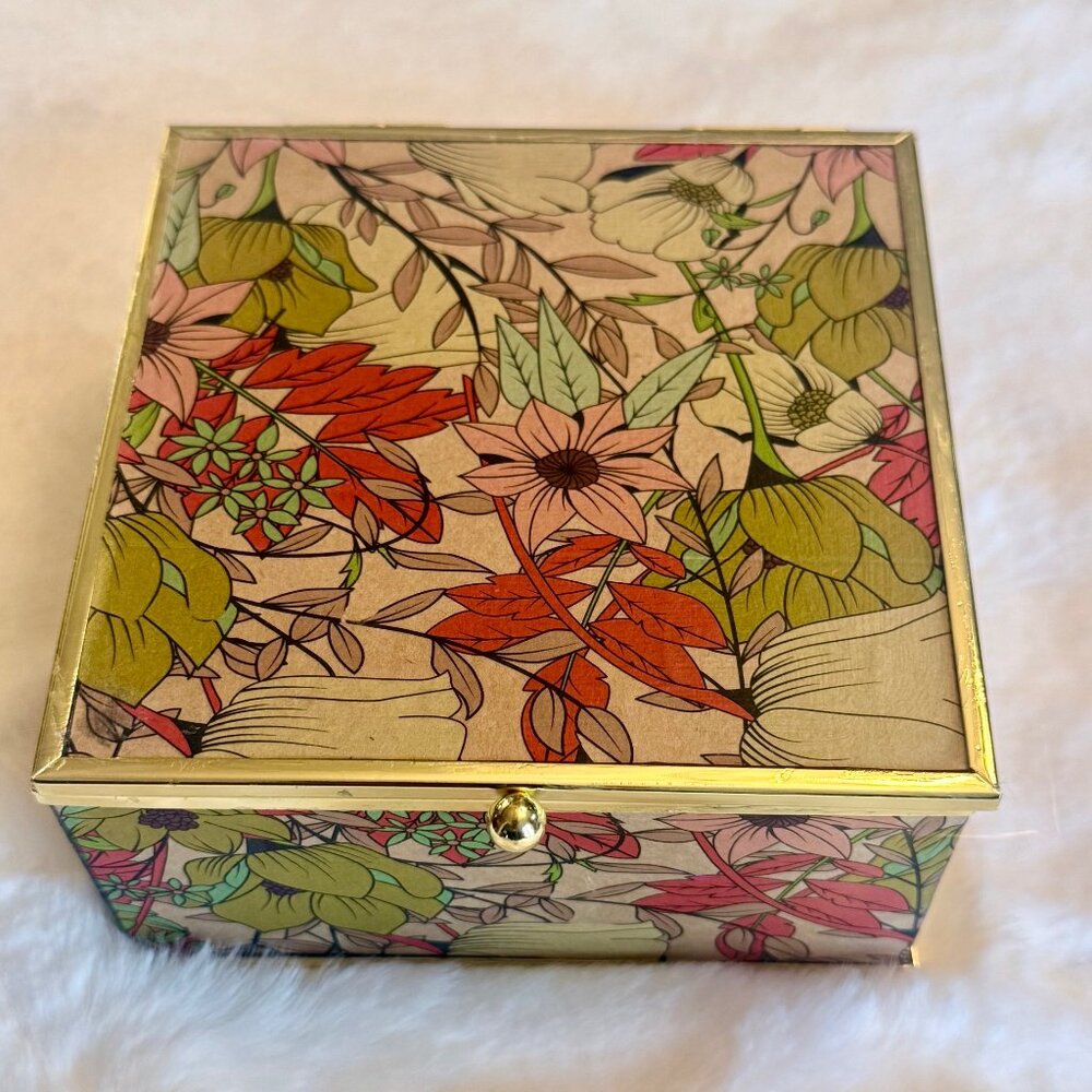 Boho Floral Glass & Brass Jewelry or Trinket Box with Mirror _ NWOT